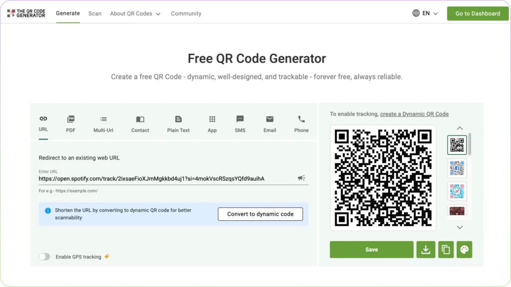 Create a QR code for Spotify music, playlist or podcast on The QR Code Generator