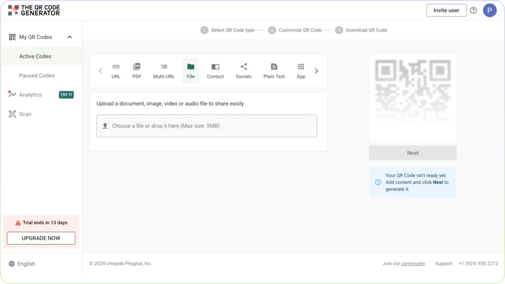 Upload your image file in The QR Code Generator App