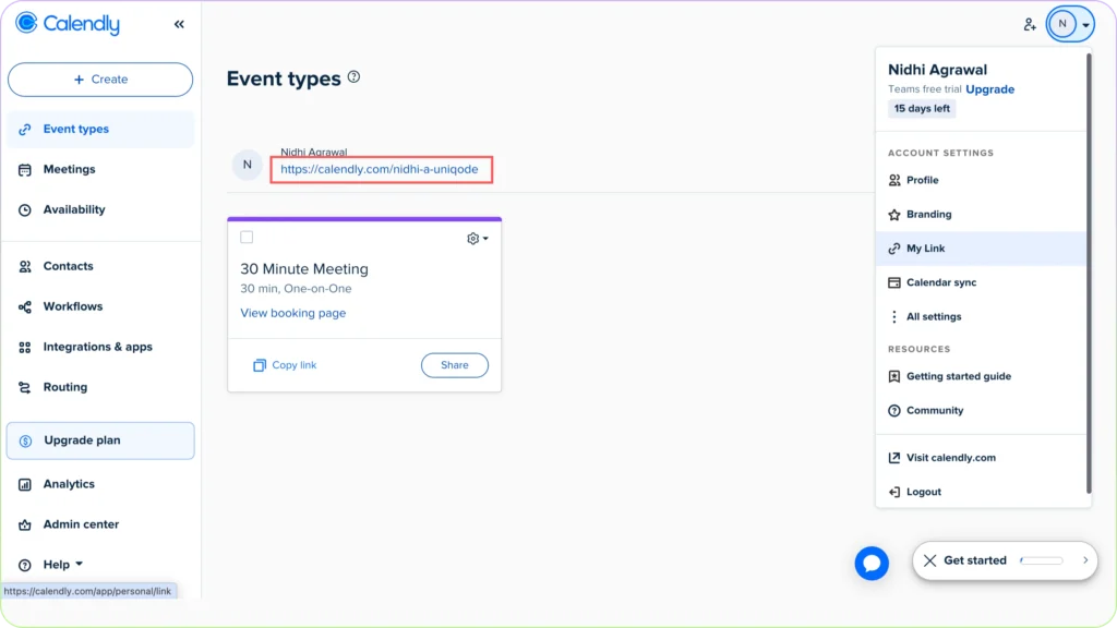 Locate Calendly shareable link