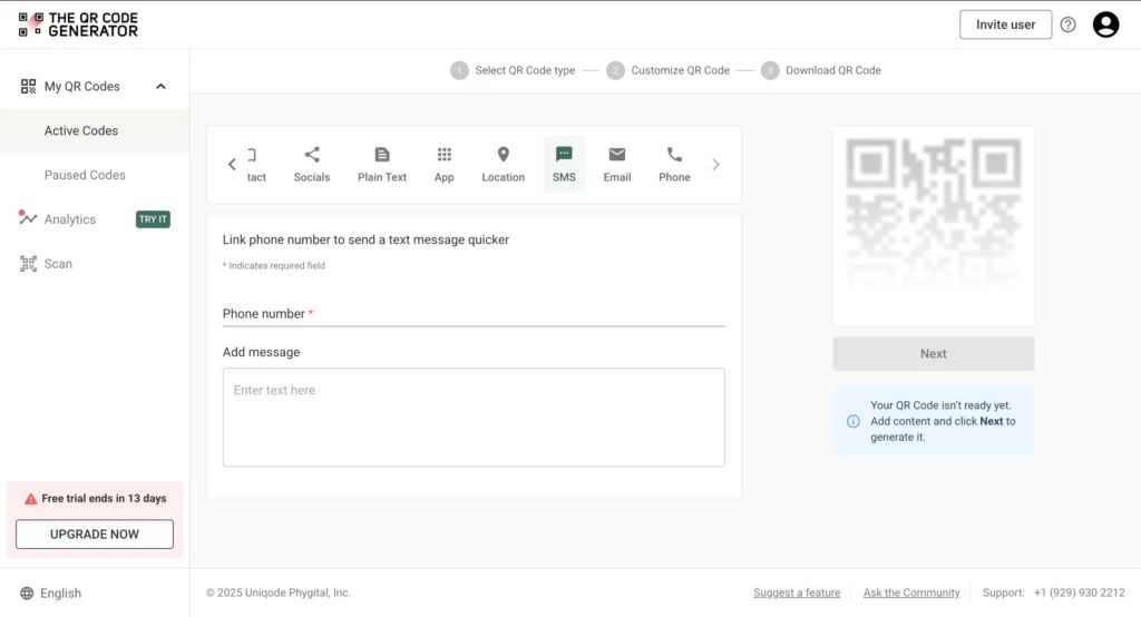 Create SMS QR Code in The QR Code Generator