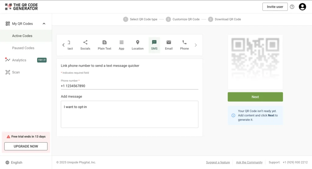 Enter phone number and text