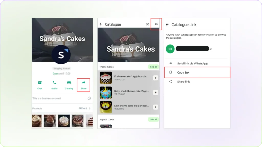 Find shareable link for WhatsApp business profile