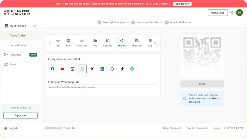 Select WhatsApp within Socials option