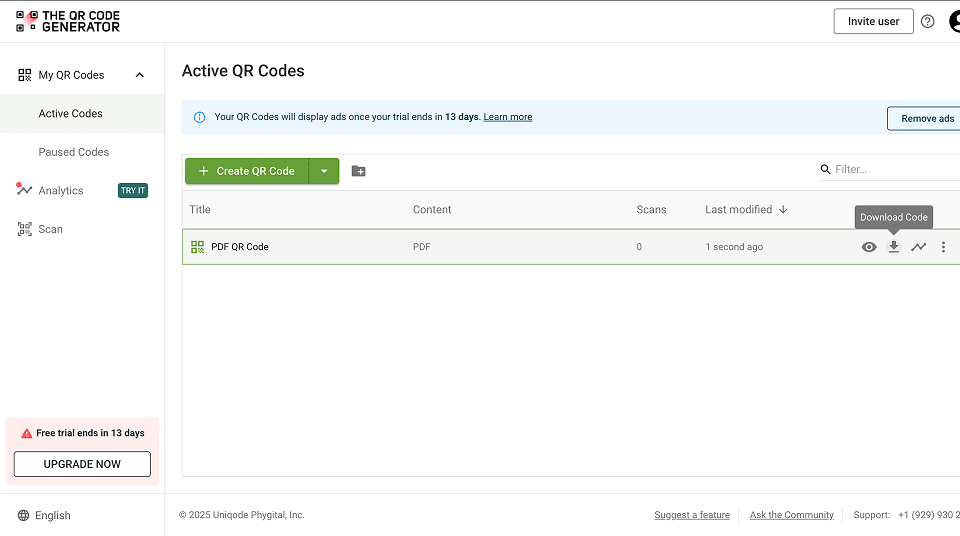 access pdf qr code in The QR Code Generator dashboard