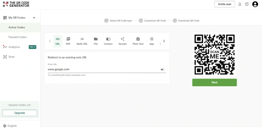 Pick the content type for QR code