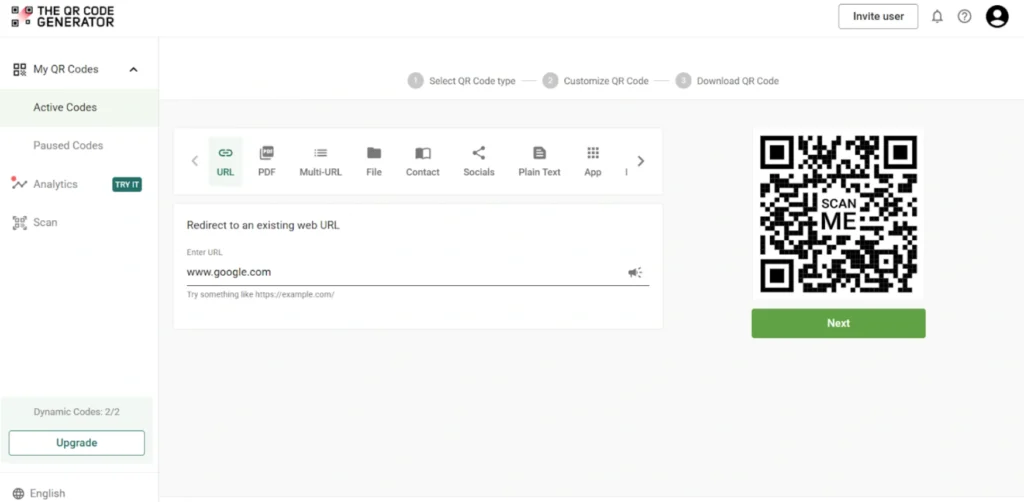 Pick the content type for QR code