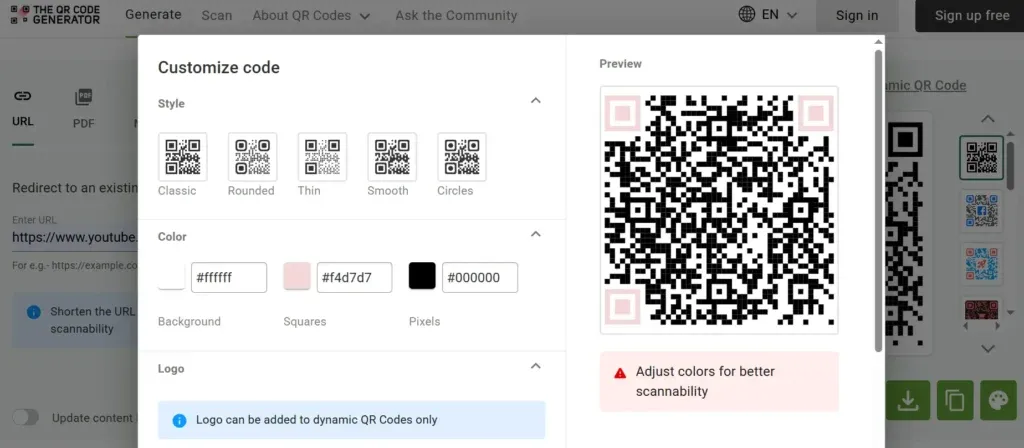 scannability check for printing a QR code