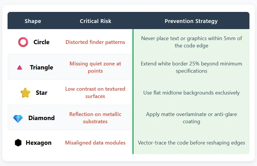 QR Code shape-specific failure prevention matrix