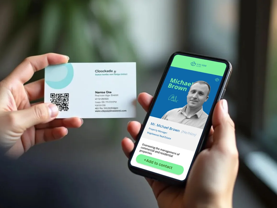 Person scanning a QR Code business card to instantly open and save all contact details on their smartphone.