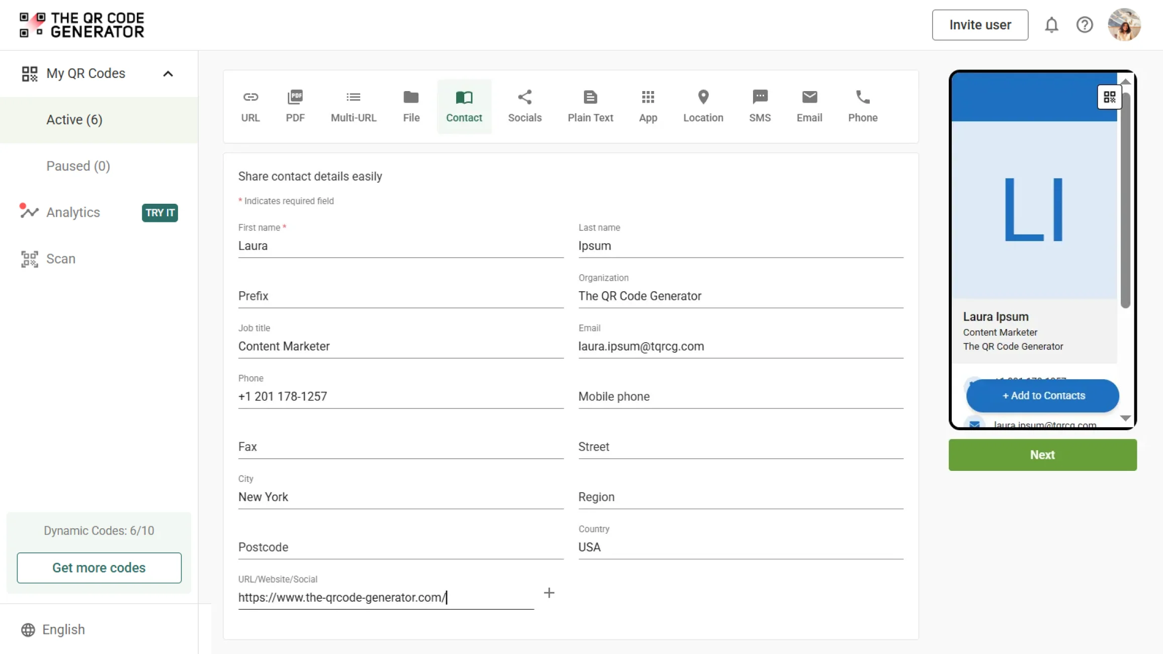 User logging in to The QR Code Generator dashboard and selecting the Contact QR Code option.