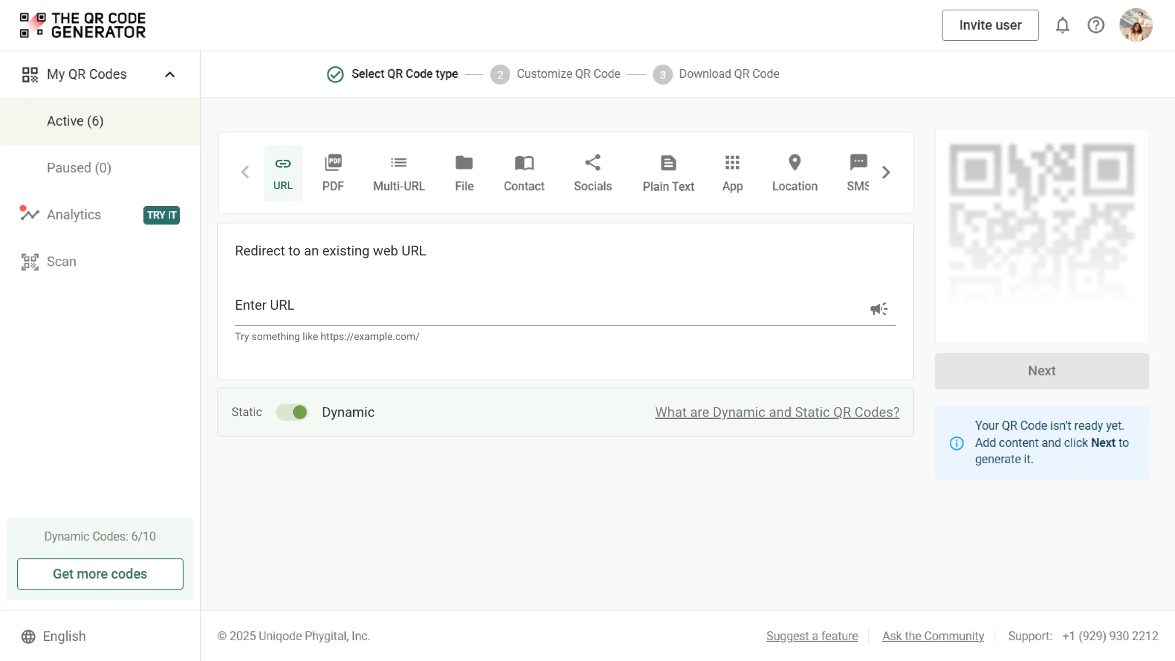 Log in and select the right QR Code type