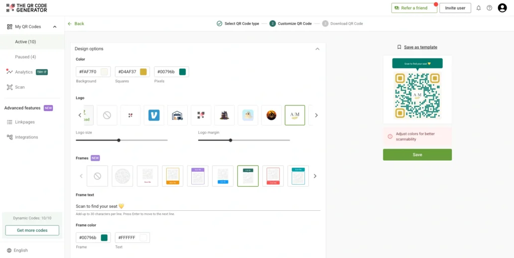 Customize the QR Code for seating chart